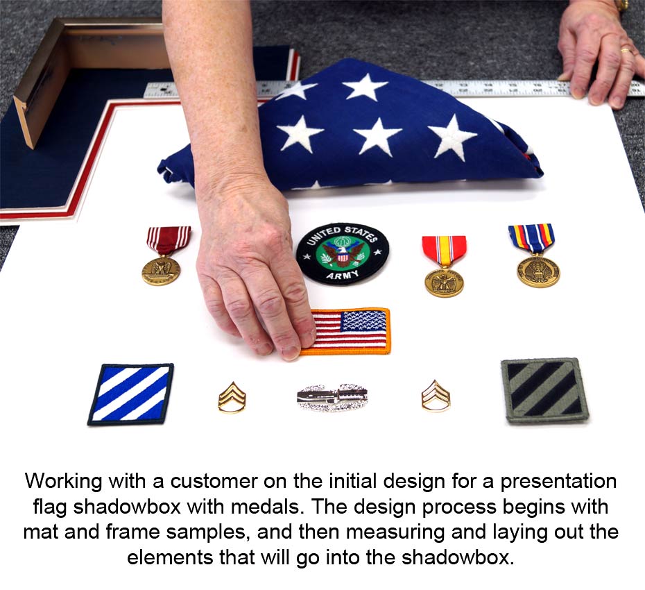 The Design Process of Creating a Custom Framed Piece Begins With Laying Out The Items